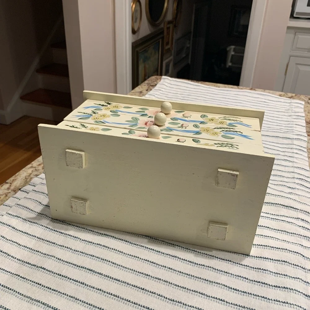 Vintage Hand Painted Jewelry Box Cottage Core 3 Drawer Wood Floral Design